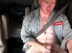 Hot str8 trucker plays with his dick while driving