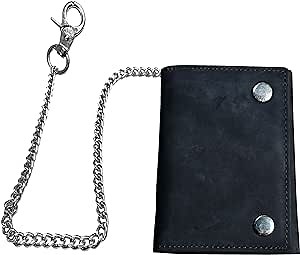 IBRO Motorcycle Biker Trifold Chain Wallet for Men - Cowhide Leather Forest Brown