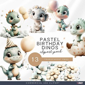 Clipart baby shower pastel dinosaure | Dino PNG mignon avec des ballons, des œufs et des fleurs | Déco pour chambre de bébé et fête non sexiste - Etsy France