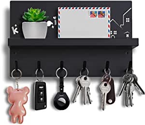 Key Mail Holder for Wall, Metal Key Hooks Wall Mounted with 6 Hooks Screw Mounted Rack for Home, Entryway, Front Door, Office, Kitchen, Laundry Room (Black)