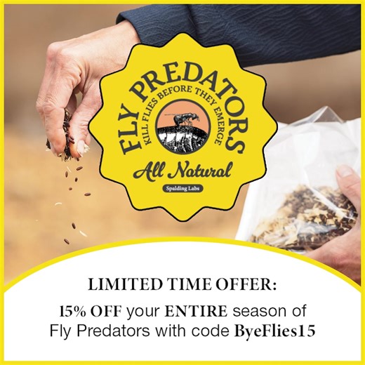 You have heard us talking about Spalding Fly Predators all Spring. Well, the flies are out in force and Spalding is offering its best sale yet - 15% off the entire order. Use coupon code ByeFlies15. Time to get those flies under control! https://www.spalding-labs.com/?affiliate-key=HRNFBGROUP | Horses in the Morning