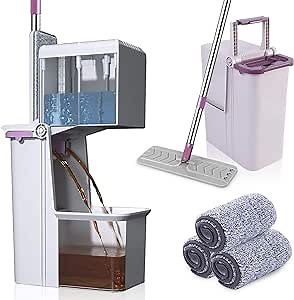 Mop Bucket with Wringer，Hands Free Floor Flat Mop and Bucket That Separates Dirty and Clean Water, 3Washable & Reusable Microfiber Pads