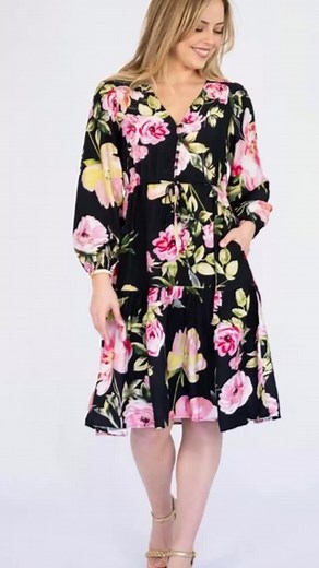 Beautiful draw cord waist Midi length dress in black with stunning pink floral print is now instore at #nannylouslane #kalbar #countryboutique #scenicrim | Nanny Lou’s Lane