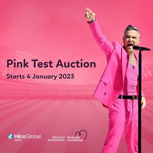 Australia, we’ve been keeping a huge pink secret and we’re ecstatic to finally announce that this January, you’ll find Robbie Williams' Alexander McQueen suit in the Pink Test Memorabilia Auction! 💕 It’s the very suit he made famous during his 2022 AFL Grand Final performance and we could hardly believe it when he gifted it to us in support of McGrath Breast Care Nurses. The auction opens on the 4th January but you can register your interest now, visit mcgfdn.com/RegisterAuction! #PinkTest Hilc