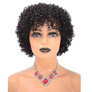 LYRICAL HAIR Afro Human Hair Wig with Bangs Short Kinky Curly Wigs for Black Women Natural Soft 100% Black Human Hair None Lace Front Glueless Wig 150% Density Full Cap Hairpieces for African American Women (OLIVIA - Hair Length 10", 1B# Off Black/Natural Black)