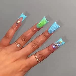 Press on Nails Duck Shaped Glossy Full Cover Medium Acrylic Duck Blue False Nails with Rhinestone Designs Artificial Fake Nails with Charms Glue ons Nails Stick on Fingernails for Women Girls