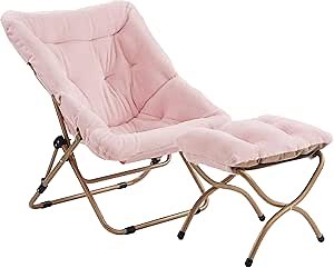 Tiita Folded Chair with Ottoman, Soft Faux Fur Oversized Folding Accent Chair,Lazy Chair, Metal Frame Moon Chair for Bedroom, Living Room, Dorm Rooms, Garden and Courtyard