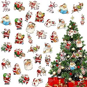 Vintage Christmas Tree Ornaments - 32Pcs Santa Claus Decorations, Merry Christmas Banner, Home Wall Office Indoor Decor for Xmas Party Supplies
