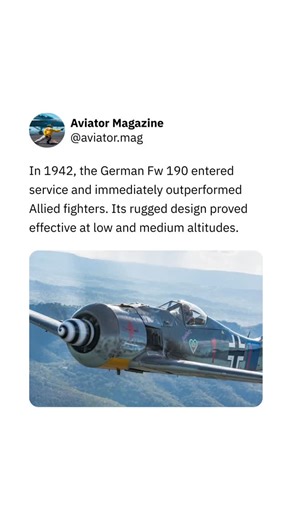 Porteur Aerospace on Instagram: "The Fw 190 shocked Allied pilots when it first appeared, combining high speed with heavy armament and a robust airframe. Its radial engine provided resilience and strong performance at lower altitudes, where many engagements actually took place. The aircraft forced rapid Allied responses and underscored how quickly technological balance could shift during the war. #aviation #aerospace #fw190 #wwii #aviationhistory militaryaviation engineering"