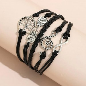 Layered Black Faux Leather Bracelet Treble Clef Owl Infinity Tree