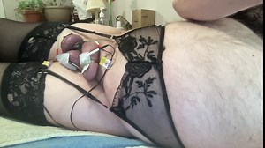 Estim pulse twitches and a vibrating finger in sissy's ass for a hands free cumshot