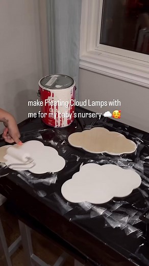 DIY FLOATING CLOUD LIGHTS 🥹☁️ what you will need: ☁️ lightweight wooden cloud cutouts 🎨 white paint 💡 battery operated push lights 🔫 hot glue gun 🪢 rope 📌 push pins #diynursery #diycloudlamp #floatingclouds #cloudlight | Handy Heaven