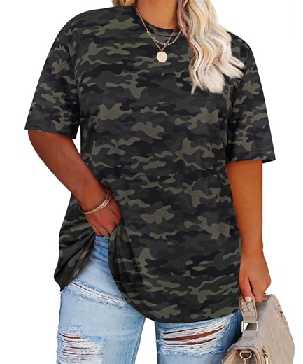 CASSIE LIZ Plus Size Tops 3X Summer Round Neck Womens Shirts Camo Fashion Short Sleeve Tee Loose Fit Tunics Spring Oversized Blouses Casual Pullovers 3XL 22W 24W