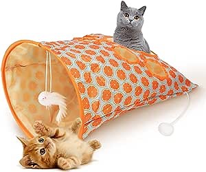 Cat Tunnel Toy, Cat Pet Playing Toys with Peek Hole and Toy Ball, Small pet Tunnel for Kitty, Puppy, Rabbit (Orange)