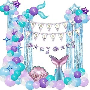 Mermaid Balloon Garland Arch Kit, Mermaid Party Supplies Included Banner, Foil Balloons, Fringe Curtain, Purple Blue Mermaid Tail Balloons, Mermaid Birthday Party Decorations for Girls