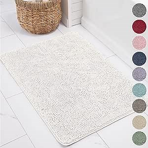 KANGAROO Bathroom Rugs, Chenille Soft Absorbent Bath Rug, Shaggy Shower Mat, Quick Dry Machine Wash Bathmat, Plush Carpet Mats for Tub, Bathtub and Room Home Decor Accessories, 24x17, White