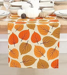 PurpleEssences Maple Leaves Fall Table Runner, 14x54-in Autumn Table Runner for Fall Outdoor & Indoor Party, Thanksgiving Table Runners for Kitchen Dining Table, Amber
