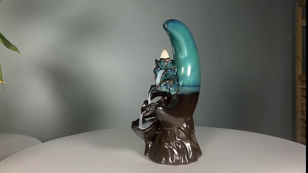 Moon Incense Waterfall Backflow Incense Burner, Ceramic Incense Holder Inscents with Cones, 20 Backflow Incense Cones and 30 Incense Sticks for Aromatherapy Home Decor