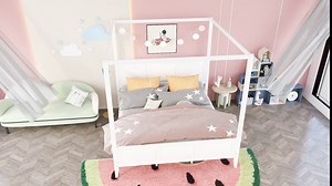 Wooden Platform Canopy Bed Frame with Headboard and Footboard, King Size, White
