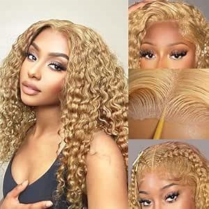 Honey Blonde Curly Lace Wig Human Hair 16 inch 13x4 HD Glueless Lace Front Honey Blonde Deep Wave Curly Wear and Go Glueless Wigs Human Hair Pre Plucked Pre Cut 180% Density #27 Colored for Women