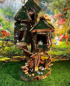 Handmade Wooden Triple Fairy House with Lights