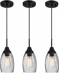 Glass Pendant Lighting Handblown Clear Black Seeded Glass Shade, Adjustable Cord Ceiling Light Fixture for Kitchen Island Sink