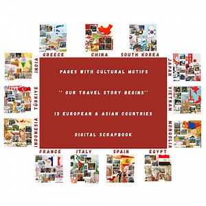 Travel Scrapbook Kit | 13 European & Asian Countries | Digital Scrapbook Pages with Cultural Motifs