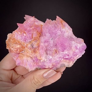 Cobaltoan Calcite - Mashamba West Mine, Kolwezi, Lualaba, Democratic Republic of the Congo 💎https://www.irocks.com/minerals/specimen/48053 Lovely pink cluster of Cobaltoan Calcite from the Mashamba West Mine in the DRC! This cabinet piece is composed of numerous, scalenohedral Cobaltoan Calcite crystals averaging 2cm in length lying at a low angle relative to the substrate. The crstals are translucent to opaque and variegated by bright pastel pink and pinkish white. They are locally accented by
