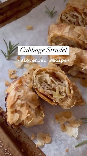 CABBAGE STRUDEL ✨Let’s roll out a different type of strudel, a savoury one! Most people when they think of ‘strudel’, they picture a sweet apple strudel. Well, I’m about to blow your mind with my Mama’s delicious ‘Savoury Cabbage Strudel’ recipe; using store bought flaky phyllo dough sheets, fresh cabbage, bacon & sausage! We often serve it up as a side dish, an appetizer, or a delicious snack! Dober tek! Ingredients 1/2 head of fresh cabbage (about 10 cups, diced) 2 x cooking onions, chopped 3 