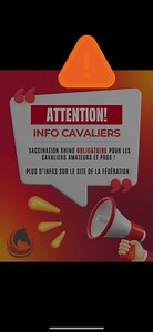 une info importante !!! À partir du 1er janvier 2026, la FFE impose un nouveau protocole de vaccination pour pouvoir participer aux compétitions Pro et Amateur. 👉 La vaccination contre la grippe équine et la rhinopneumonie devient obligatoire. Voici les points essentiels à retenir : 🔹 Primo-vaccination : Un cheval/poney est considéré comme vacciné à partir du 8ᵉ jour après le 2ᵉ vaccin. 🔹 Rappels : Après un rappel, l’équidé peut concourir à partir du 8ᵉ jour suivant l’injection. Une tolérance