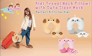 Travel Neck Pillow for Kids Adults, Cartoon Kids Travel Pillow with Eye Mask, Soft Pig Airplane Pillow Cute Animal Flight Pillow Head Rest Neck Support for Car, Bus, Road Trip Essential