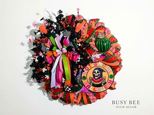Hot Ghoul Halloween Wreath: Skeleton Decor, Neon Watermelon Design - Etsy