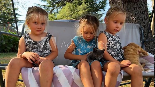 Three little sisters triplets sitting in the yard with kittens in their arms sunny day pine trees
