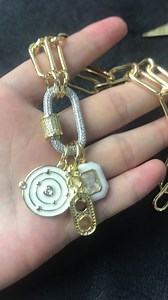 NM42701 White Soda Cap Compass Charm Cubic Zirconia Pendant Paperclip Chain Carabiner Screw Clasp Necklace Gold Plated Fashion