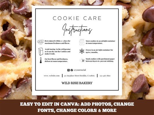 Cookie Care Instruction Card, Editable Template for Cookies, Printable Care Guide, Bakery Packaging Insert - Etsy