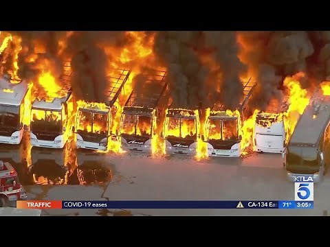 Massive industrial complex fire burns structures, buses in Compton area
