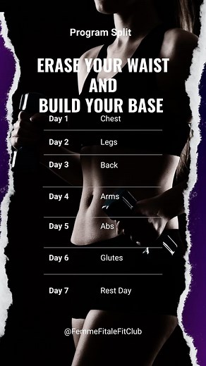 Here is the split for the Erase Your Waist And Build Your Base fitness challenge. Enrollment is now open and we kick off on July 15, 2024. This program is designed to help you burn fat, lose weight and build lean muscle as a woman in your 40’s and older. Learn more by clicking the link in my bio. #workoutsforwomen #workoutsforwomenover40 #workoutsforwomenover50 #womenshealth | Femme Fitale Fit Club