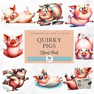 Quirky Pigs Clip Art Pack, Pig Stickers, Whimsical, Funny Pigs, Commercial Use, PNG Clip Arts, Crazy Animals, Invitation, Crafts, Pigs - Etsy
