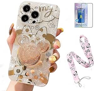Cartoon Case for iPhone 14 pro max 6.7 with HD Screen Protector and Lanyard and Bling Sparkle Phone Stand Cute Phone Case for Girls Women (for iPhone 14 pro max)
