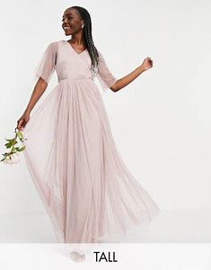 Anaya With Love Tall Bridesmaid tulle flutter sleeve maxi dress in pink | ASOS