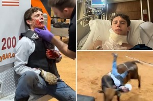 Bull rider, 24, gored in throat lucky to be alive after losing 2 gallons of blood in shocking video