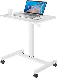 CLATINA Mobile Standing Desk, Small Rolling Standing Desk, Pneumatic Sit to Stand Workstation Table with Lockable Wheels, Computer Cart Overbed Table for Home Office Classroom, 28" x 19" White