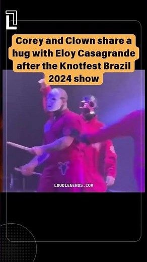 Corey and Clown share a hug with Eloy Casagrande after the Knotfest Brazil 2024 show.