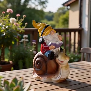 Ferrisland Solar Garden Gnome Statue with LED Lights, Reading Gnome Wearing Headphones Riding Snail Figurine, Waterproof Resin Outdoor Decor for Patio Yard Lawn, Funny Whimsical Garden Ornament Gift