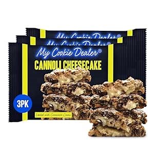 My Cookie Dealer Soft Baked Cookies, Cannoli Cheesecake (3-Pack, 4oz Cookie) - Cannoli Shell Batter Loaded with Chocolate Chips, Cinnamon Creme & Powdered Sugar - Individually Wrapped Travel Snacks