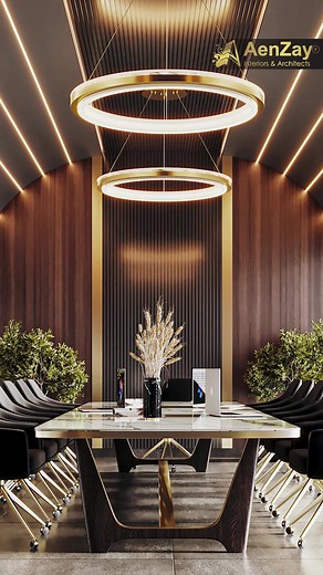 Commercial Corporate Project | Conference Room Interior Designed by Aenzay Interiors & Architects with the touch of beautiful sleek linear lights glowing on wooden textures and designer furniture, this space is looking absolutely marvellous. Added freshness and liveliness with decorative green elements and natural light. #aenzayinteriors #aenzaycorporate #interiordesign #interiordesigner #trend #trendingreels #viral #viralreels #interior #interior123 #corporate #officeinteriors #officeinterior #