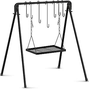 Campfire Swing Grill Stand Adjustable Grill Cooking Stand Hanging Rack with 8 Hooks and Accessories Campfire Cooking Equipment for BBQ Picnic Outdoor Party(Normal Tray)