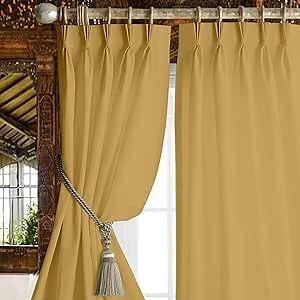 Pleated Blackout Curtains Thermal Insulated Room Darkening 100% Blackout Drapes for Patio Door, Window Treatments Along with Tiebacks,Hooks & 2 Panels W(26"+26") (Sand Brown, 52"x54")