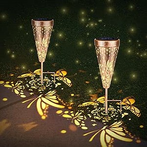 Solar Pathway Lights Outdoor Garden - 2 Packs Metal Butterfly Solar Lights, IPX65 Waterproof Solar Landscape Light with Butterfly Flower Star Patterns for Path Patio Backyard Walkway Decorative