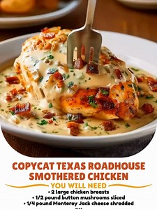 5.5K views | Texas Roadhouse Smothered Chicken 燎 This easy skillet chicken is topped with sautéed onions, mushrooms, and melty cheese for a hearty, restaurant style meal. Simple ingredients and quick prep make it perfect for busy weeknights. Ingredients: 2 large chicken breasts 1/2 teaspoon ground black pepper 1 medium onion cut into 1/4-inch slices 1/2 pound button mushrooms sliced 1/4 pound Monterey Jack cheese shredded Recipe in the Coʍʍеոτ  | Daily Recipes | Facebook